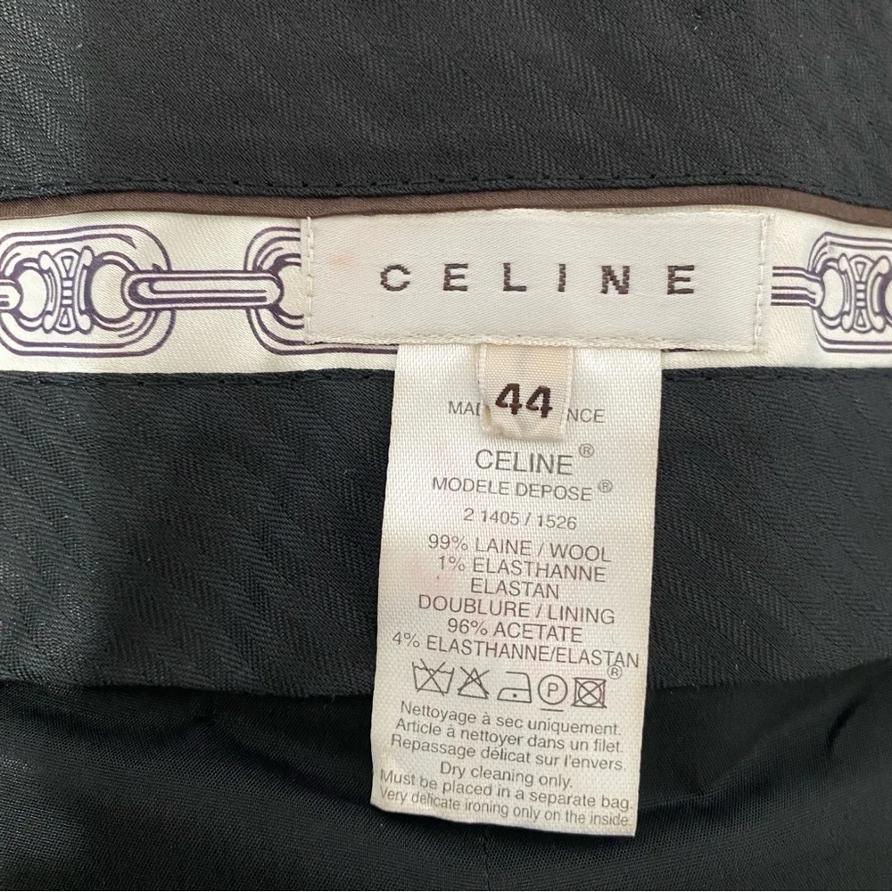 CELINE Gray Wool Trousers‎ Velvet Trim Tailored Pants 44 (US 12) Made in France